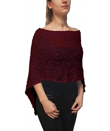 Cover-Ups Ladies Popcorn Crochet Stretch Lace Fish Net Batwing Small Poncho - Burgundy - CQ18R3X7M88 $48.28