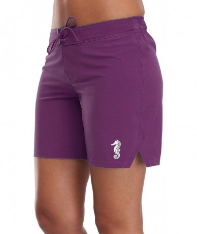 Board Shorts Women's Long Board Shorts with Pocket Quick Dry Swim Shorts Boardshorts - Purple With Sea Horse - C0183Q24DTA $4...