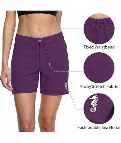 Board Shorts Women's Long Board Shorts with Pocket Quick Dry Swim Shorts Boardshorts - Purple With Sea Horse - C0183Q24DTA $4...