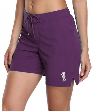 Board Shorts Women's Long Board Shorts with Pocket Quick Dry Swim Shorts Boardshorts - Purple With Sea Horse - C0183Q24DTA $4...