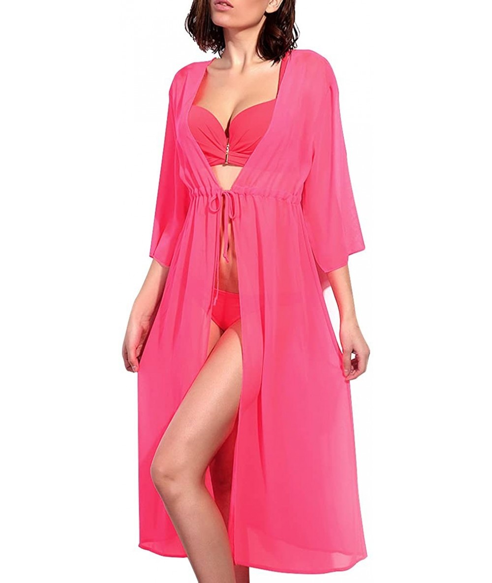 Cover-Ups Women's Chiffon Long Swimsuit Cover Up Beach Swimwear Bikini Coverups Cardigan - Pink - CA18D6L98I2 $34.60