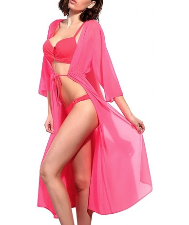 Cover-Ups Women's Chiffon Long Swimsuit Cover Up Beach Swimwear Bikini Coverups Cardigan - Pink - CA18D6L98I2 $34.60