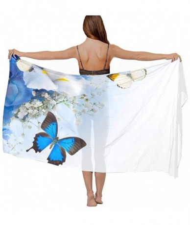 Cover-Ups Women Girls Fashion Chiffon Beach Bikini Cover Up Sunscreen Wrap Scarves Blue Wild Flowers Monarch Yellow Butterfli...