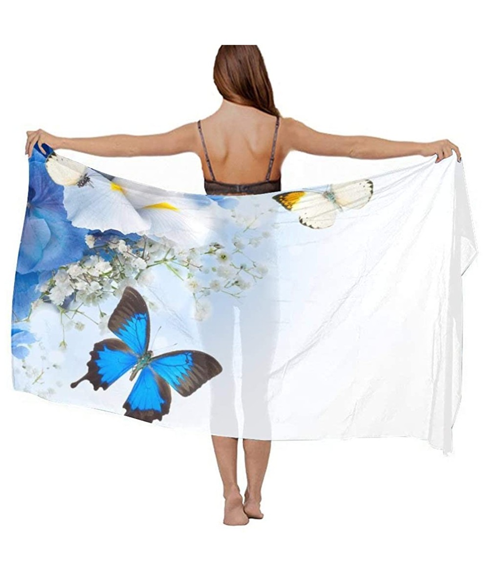 Cover-Ups Women Girls Fashion Chiffon Beach Bikini Cover Up Sunscreen Wrap Scarves Blue Wild Flowers Monarch Yellow Butterfli...