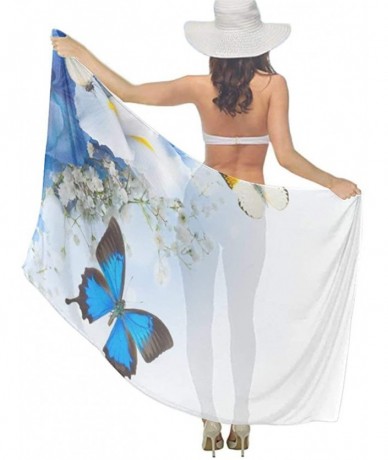 Cover-Ups Women Girls Fashion Chiffon Beach Bikini Cover Up Sunscreen Wrap Scarves Blue Wild Flowers Monarch Yellow Butterfli...