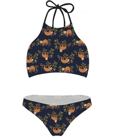 Sets Sloth Flower Womens High Neck Halter Bikini Set Swimsuit Two Piece Swimwear - Sloth Floral - CG18OTT37RH $40.46