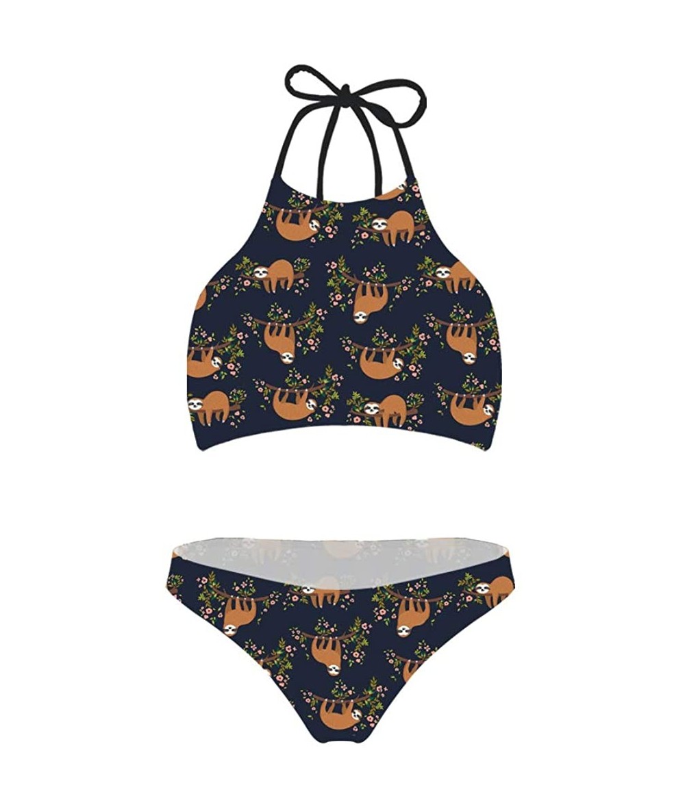 Sets Sloth Flower Womens High Neck Halter Bikini Set Swimsuit Two Piece Swimwear - Sloth Floral - CG18OTT37RH $40.46