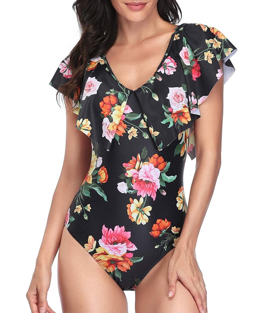 One-Pieces Women One Piece Flounce Ruffle Swimsuit Deep V Neck Plunge Swimwear - Orange Floral 1 - CG194L82YON $45.92