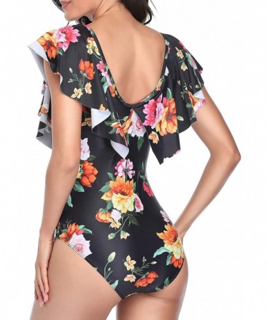 One-Pieces Women One Piece Flounce Ruffle Swimsuit Deep V Neck Plunge Swimwear - Orange Floral 1 - CG194L82YON $45.92