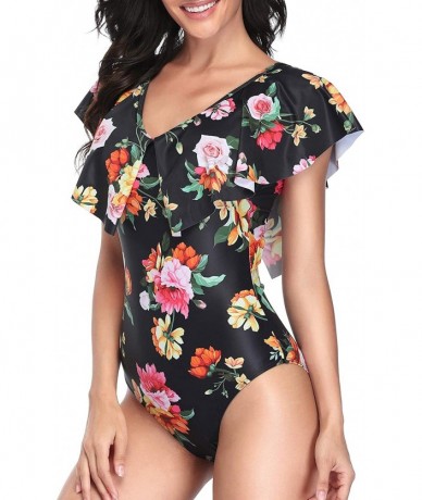 One-Pieces Women One Piece Flounce Ruffle Swimsuit Deep V Neck Plunge Swimwear - Orange Floral 1 - CG194L82YON $45.92