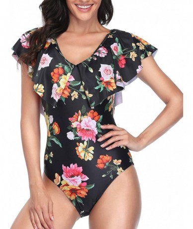 One-Pieces Women One Piece Flounce Ruffle Swimsuit Deep V Neck Plunge Swimwear - Orange Floral 1 - CG194L82YON $45.92