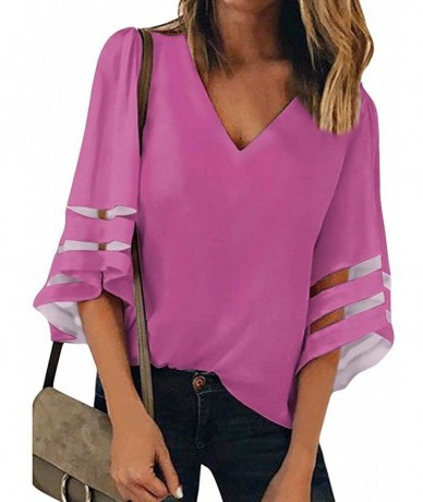 Cover-Ups Women's V Neck Mesh Panel Patchwork 3/4 Bell Sleeve Loose Blouse Top Shirt - Dark Rose Red - C1192NYW6QO $42.48