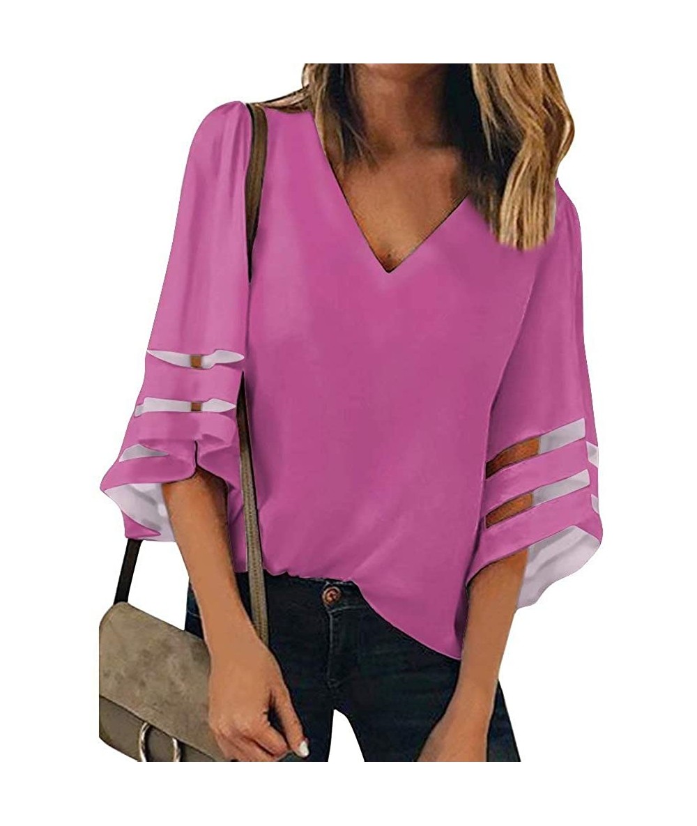 Cover-Ups Women's V Neck Mesh Panel Patchwork 3/4 Bell Sleeve Loose Blouse Top Shirt - Dark Rose Red - C1192NYW6QO $42.48