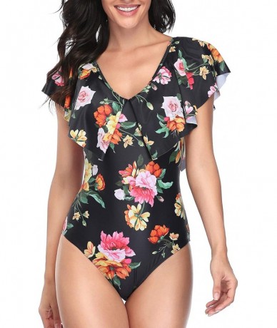 One-Pieces Women One Piece Flounce Ruffle Swimsuit Deep V Neck Plunge Swimwear - Orange Floral 1 - CG194L82YON $45.92