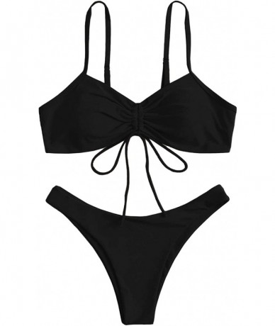 Sets Women's 2 Piece Beachwear Drawstring Front Swimsuits Bikini Set - Black - CH199S4UA8H $26.14