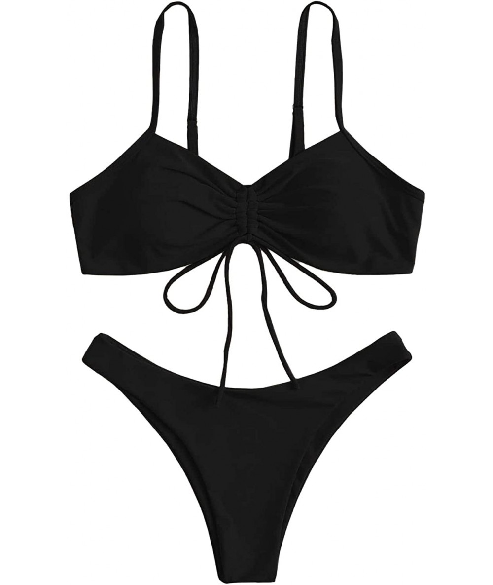 Sets Women's 2 Piece Beachwear Drawstring Front Swimsuits Bikini Set - Black - CH199S4UA8H $26.14