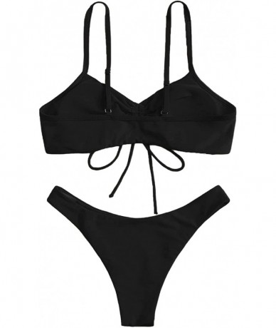 Sets Women's 2 Piece Beachwear Drawstring Front Swimsuits Bikini Set - Black - CH199S4UA8H $26.14