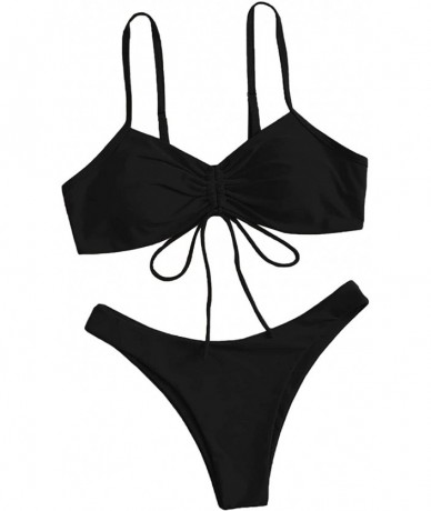 Sets Women's 2 Piece Beachwear Drawstring Front Swimsuits Bikini Set - Black - CH199S4UA8H $26.14