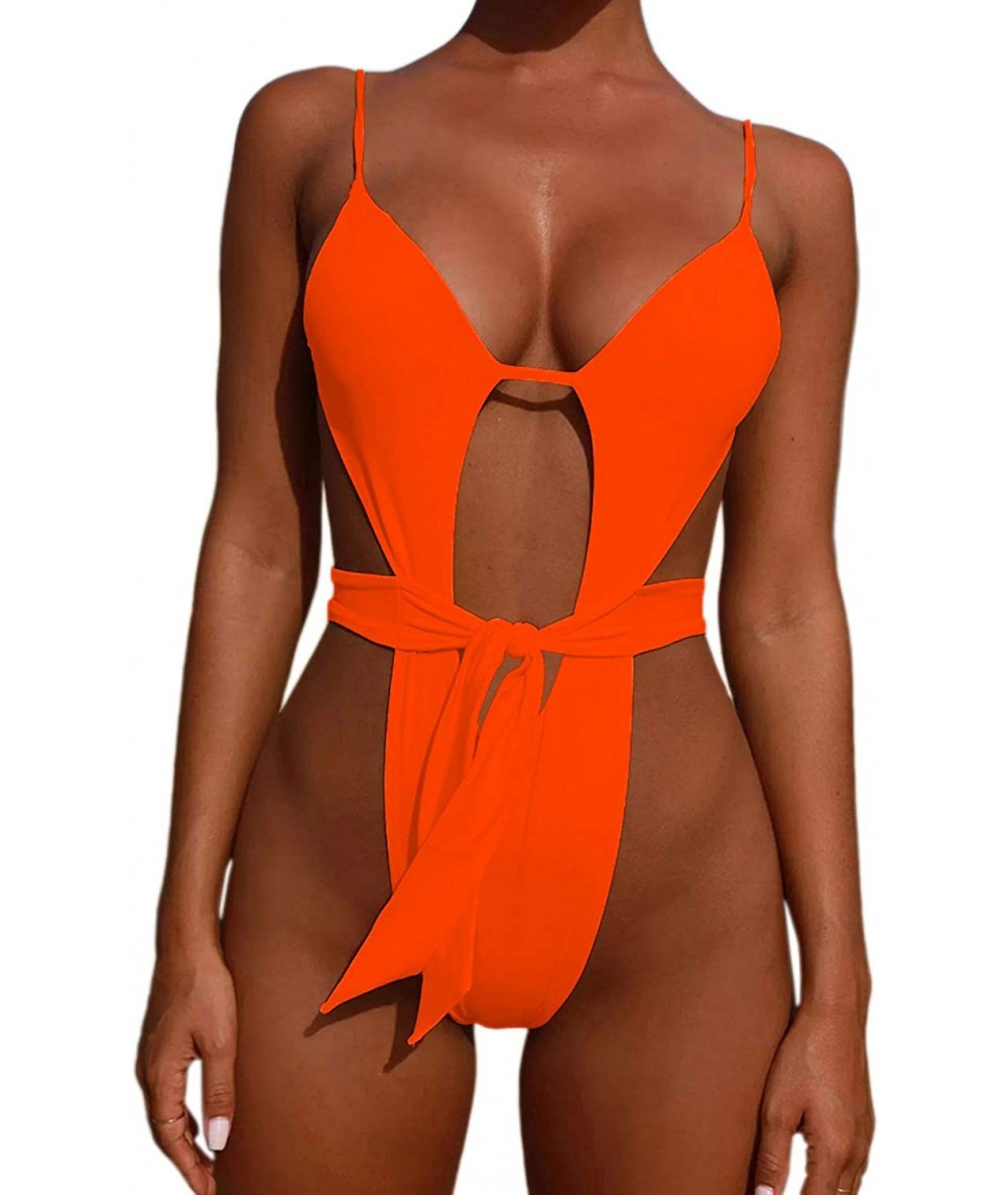 One-Pieces Women's Backless Spaghetti Strap High Cut Thong One-Piece Swimsuit Monokini - A-orange - C4192A67GRQ $46.33