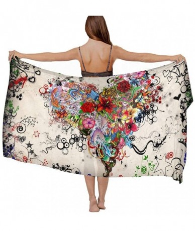 Cover-Ups Women Luxury Chiffon Swimwear Cover Up- Oversize Beach Sarong Shawl Wrap - Flowers Heart - CY19C6N5MC8 $45.06