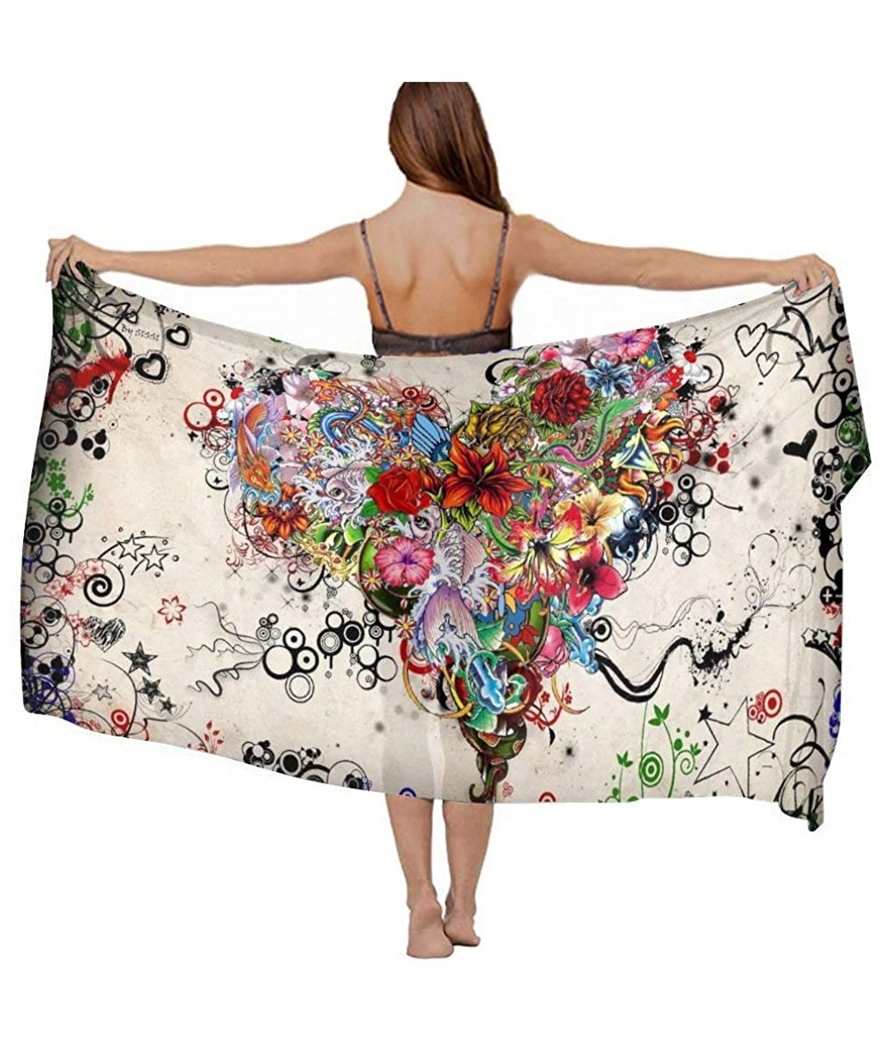 Cover-Ups Women Luxury Chiffon Swimwear Cover Up- Oversize Beach Sarong Shawl Wrap - Flowers Heart - CY19C6N5MC8 $45.06