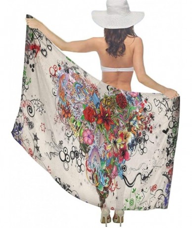 Cover-Ups Women Luxury Chiffon Swimwear Cover Up- Oversize Beach Sarong Shawl Wrap - Flowers Heart - CY19C6N5MC8 $45.06