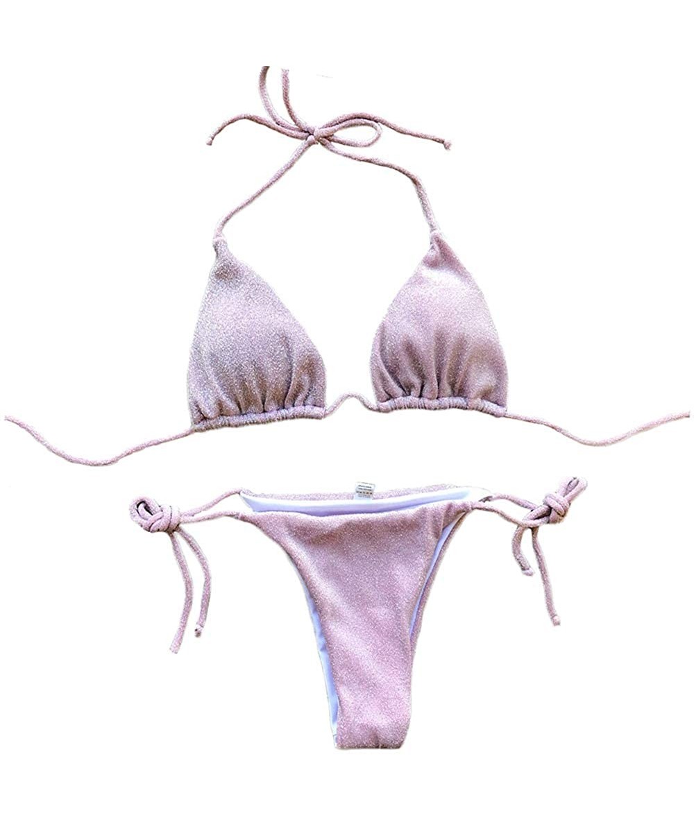 Sets Women Cheeky Padded Thong Bikini 2 Pieces Brazilian Halter Ties Bathing Suit - Light Purple - CL18Q8EMY0E $45.83