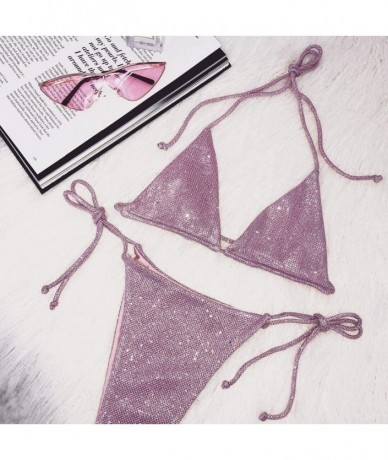 Sets Women Cheeky Padded Thong Bikini 2 Pieces Brazilian Halter Ties Bathing Suit - Light Purple - CL18Q8EMY0E $45.83