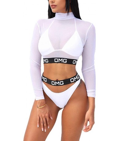 Sets Women's 3 Piece Swimsuit with Long Sleeve Mesh Shirt Cover Up High Waist Thong Bikini Set Bathing Suit - White - C518O8C...