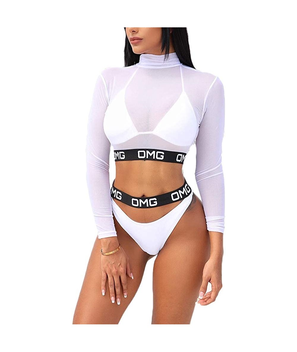 Sets Women's 3 Piece Swimsuit with Long Sleeve Mesh Shirt Cover Up High Waist Thong Bikini Set Bathing Suit - White - C518O8C...