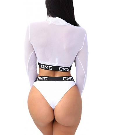 Sets Women's 3 Piece Swimsuit with Long Sleeve Mesh Shirt Cover Up High Waist Thong Bikini Set Bathing Suit - White - C518O8C...