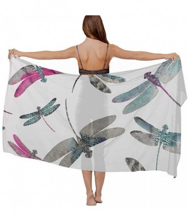 Cover-Ups Women Chiffon Scarf Summer Beach Wrap Skirt Swimwear Bikini Cover-up - Colorful Dragonfly Grey - CV190HINCRC $45.68