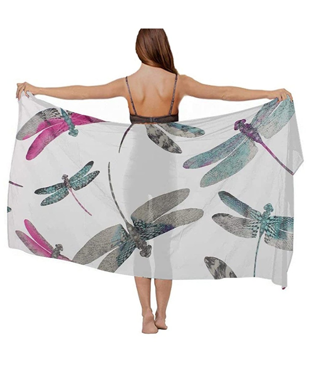 Cover-Ups Women Chiffon Scarf Summer Beach Wrap Skirt Swimwear Bikini Cover-up - Colorful Dragonfly Grey - CV190HINCRC $45.68