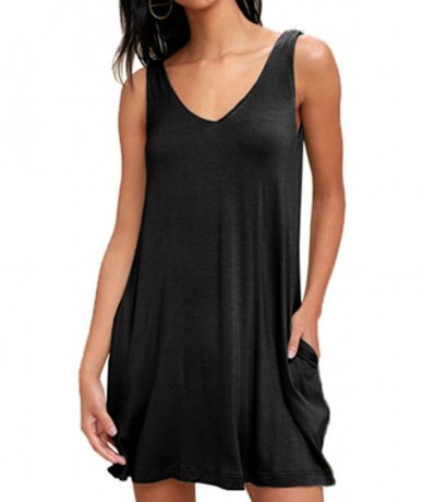 Cover-Ups Women's Summer Sleeveless Casual Mini Swing Pleated Cover Up Tank Sundress - Black - CX19CZNYML0 $59.13