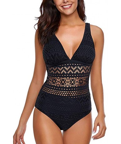 Sets Women's One Piece Swimsuit Ladies V Neck Mesh Hollow Out Crochet Lace Push Up Bandage Bathing Swimwear - Black - CJ193AD...