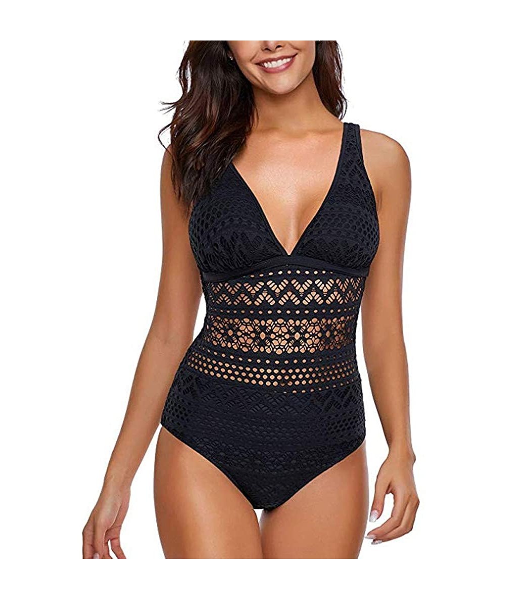 Sets Women's One Piece Swimsuit Ladies V Neck Mesh Hollow Out Crochet Lace Push Up Bandage Bathing Swimwear - Black - CJ193AD...