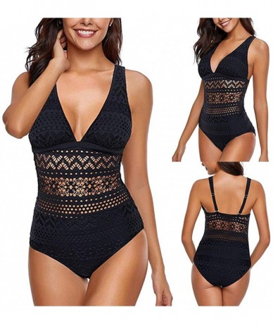 Sets Women's One Piece Swimsuit Ladies V Neck Mesh Hollow Out Crochet Lace Push Up Bandage Bathing Swimwear - Black - CJ193AD...