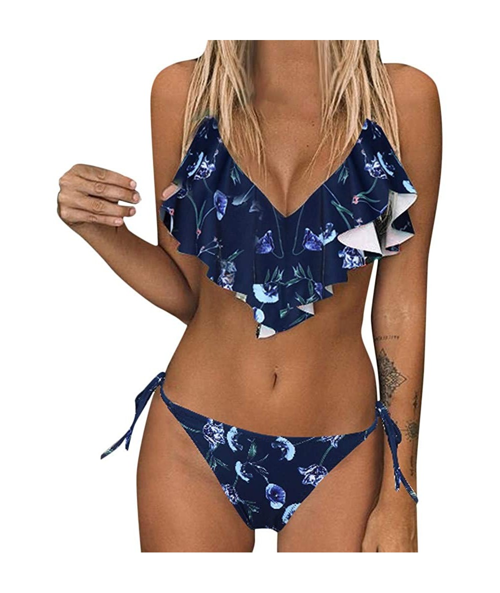 Sets Women's Two-Pieces Swimsuit Push Up Brazilian Print Swimwear Sling Ruffle Bandage Bikini Beachwear - Blue - CU18QO4X595 ...