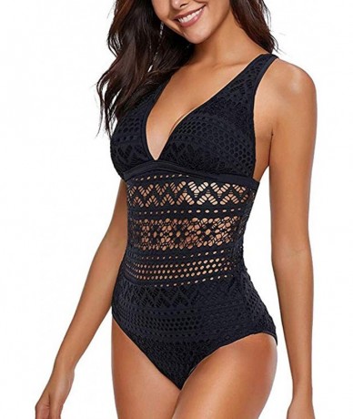 Sets Women's One Piece Swimsuit Ladies V Neck Mesh Hollow Out Crochet Lace Push Up Bandage Bathing Swimwear - Black - CJ193AD...