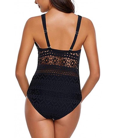 Sets Women's One Piece Swimsuit Ladies V Neck Mesh Hollow Out Crochet Lace Push Up Bandage Bathing Swimwear - Black - CJ193AD...