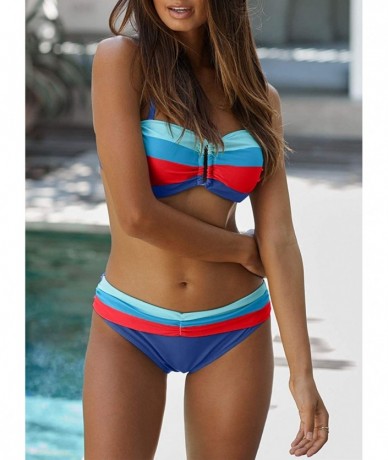 Sets Womens Striped Halter Twist Bandeau Padded Push up Bikini Set Two Piece Swimsuits - A-sky Blue - CN1966ICOOW $38.67