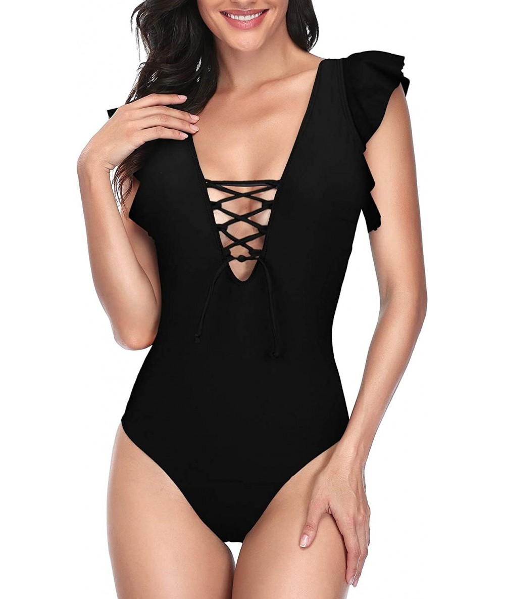 Sets Sexy Lace Up One Piece Bathing Suits for Women Tummy Control Ruffle Flounce Swimsuits Deep V Neck Swimwear Black - CY194...