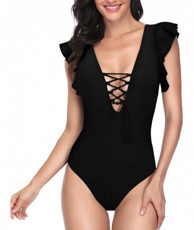 Sets Sexy Lace Up One Piece Bathing Suits for Women Tummy Control Ruffle Flounce Swimsuits Deep V Neck Swimwear Black - CY194...