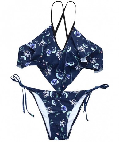 Sets Women's Two-Pieces Swimsuit Push Up Brazilian Print Swimwear Sling Ruffle Bandage Bikini Beachwear - Blue - CU18QO4X595 ...