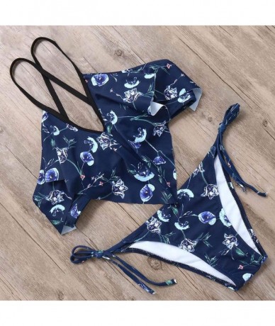 Sets Women's Two-Pieces Swimsuit Push Up Brazilian Print Swimwear Sling Ruffle Bandage Bikini Beachwear - Blue - CU18QO4X595 ...