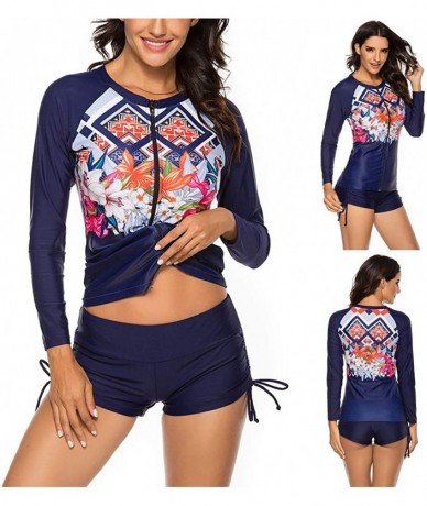 Racing Women Bikini Swimwear Long Sleeve Crop Shirt Top Thong Bottom Swimsuit Beach Bathing Suit - J-blue - C9197KLAENA $61.45