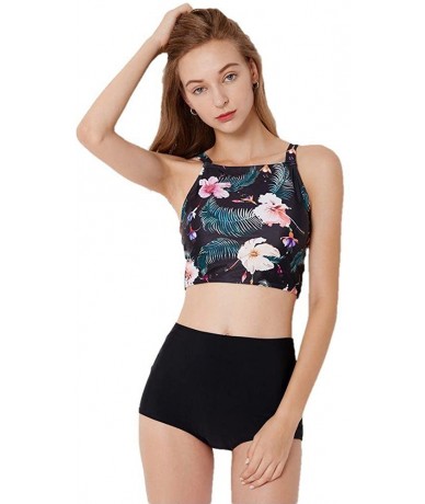 Tankinis Women's Two Piece Tankinis Set Rash Guard Yoga Top Swimsuit Sun Protection - Black Floral - CK18GN0WXOI $31.20