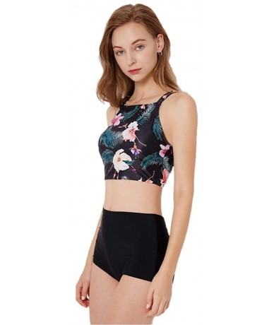 Tankinis Women's Two Piece Tankinis Set Rash Guard Yoga Top Swimsuit Sun Protection - Black Floral - CK18GN0WXOI $31.20