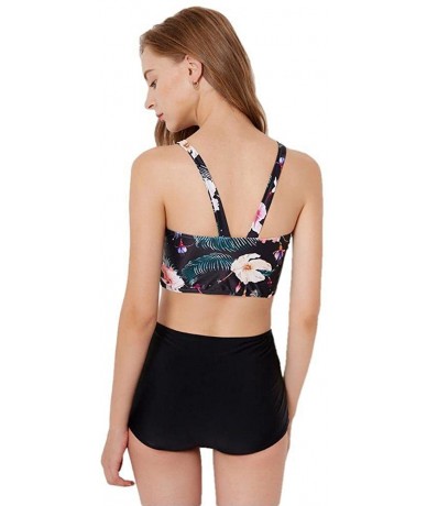 Tankinis Women's Two Piece Tankinis Set Rash Guard Yoga Top Swimsuit Sun Protection - Black Floral - CK18GN0WXOI $31.20