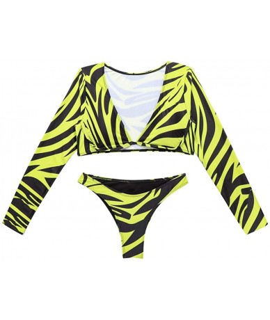 Rash Guards Women Long Sleeve V Neck Padded Swim Shirt Rash Guard Top Tankini Set w High Cut Thong Bottom Swimsuit - Yellow -...